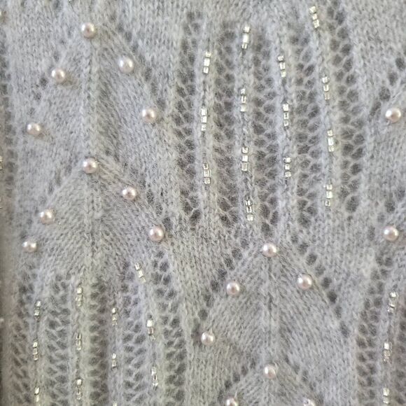 Prive 100% Cashmere Sweater Gray Lace Knit Faux Pearl Beaded Detail 3/4 Sleeve M - Picture 5 of 9